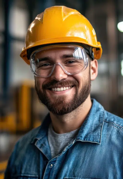 Operario almacén con casco y gafas de seguridad