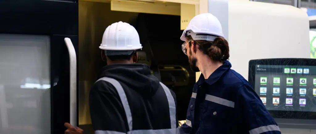 Dos operarios trabajando en una máquina CNC